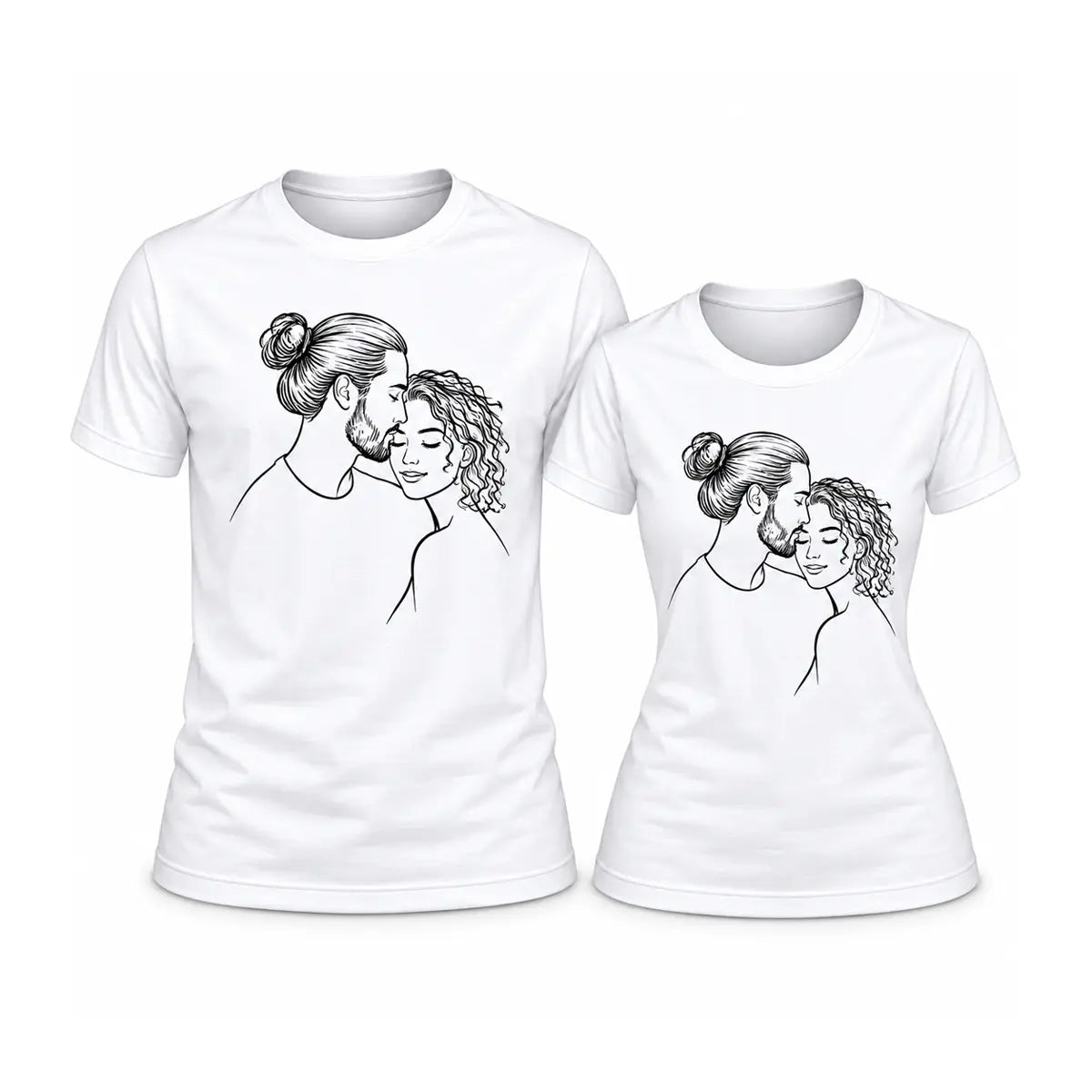 Wear your love story with custom couple portrait line art matching shirts. Minimalist black line sketch printed on soft white cotton tees. Free shipping![cite: 14, 15]