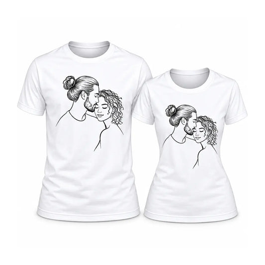 Wear your love story with custom couple portrait line art matching shirts. Minimalist black line sketch printed on soft white cotton tees. Free shipping![cite: 14, 15]