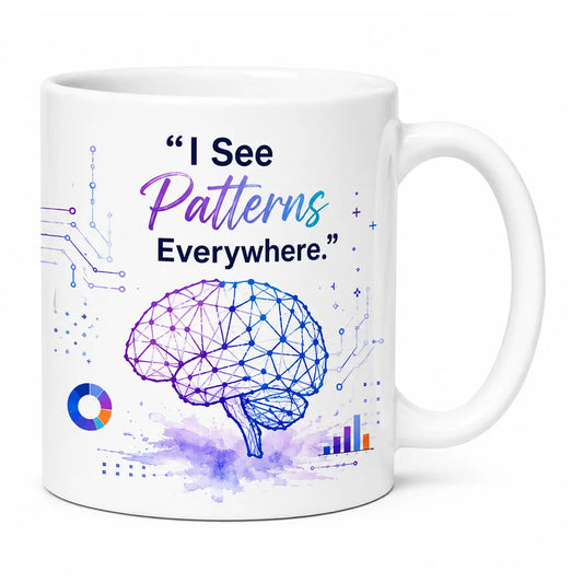 A glossy white custom data scientist coffee mug featuring a colorful neural network brain graphic, data charts, and the quote I See Patterns Everywhere. Free shipping by Incotta.