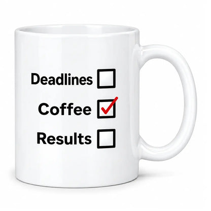 Start your daily grind with the custom deadlines coffee results office mug. Featuring a glossy white finish and a funny productivity checklist graphic. Free shipping!