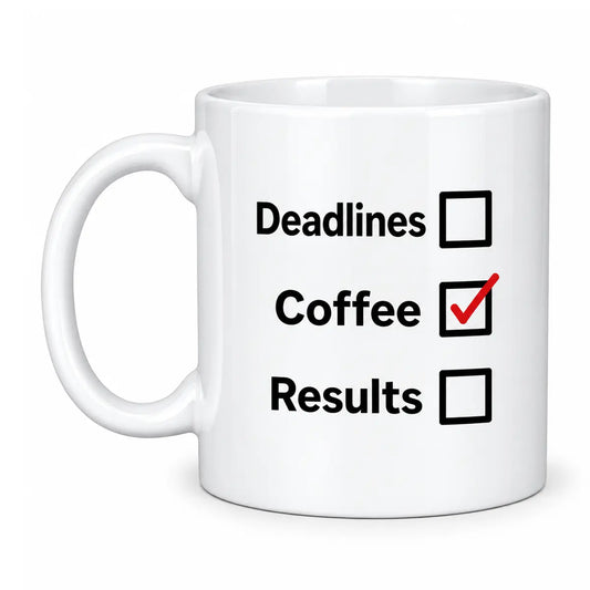 Start your daily grind with the custom deadlines coffee results office mug. Featuring a glossy white finish and a funny productivity checklist graphic. Free shipping!