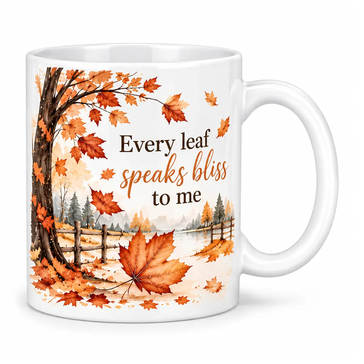 Sip your favorite warm drinks with our custom every leaf speaks bliss to me watercolor coffee mug. Features an autumn landscape and falling leaves[cite: 16]. Free shipping!
