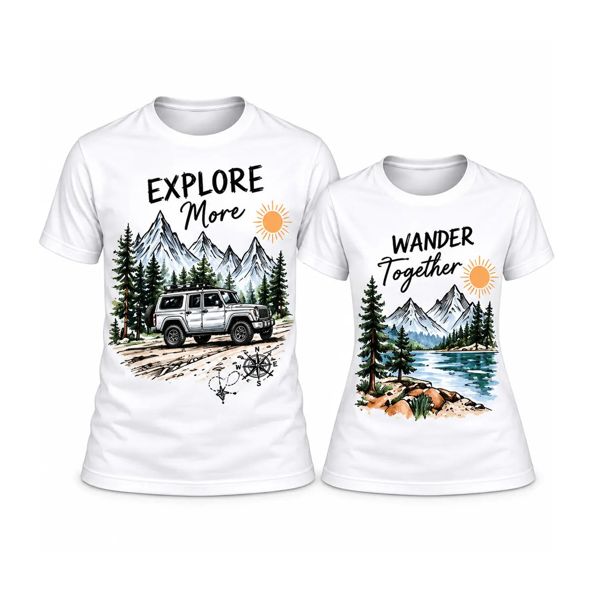Gear up for adventure with custom explore more wander together outdoor couple shirts. Features a watercolor off-road vehicle, mountains, and lake.