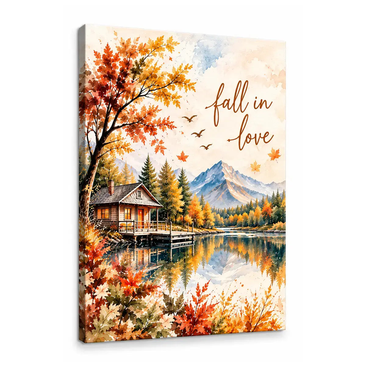 Bring autumn indoors with our custom fall in love watercolor lake cabin canvas art. Features vibrant fall foliage and a rustic mountain lake house[cite: 17]. Free shipping!