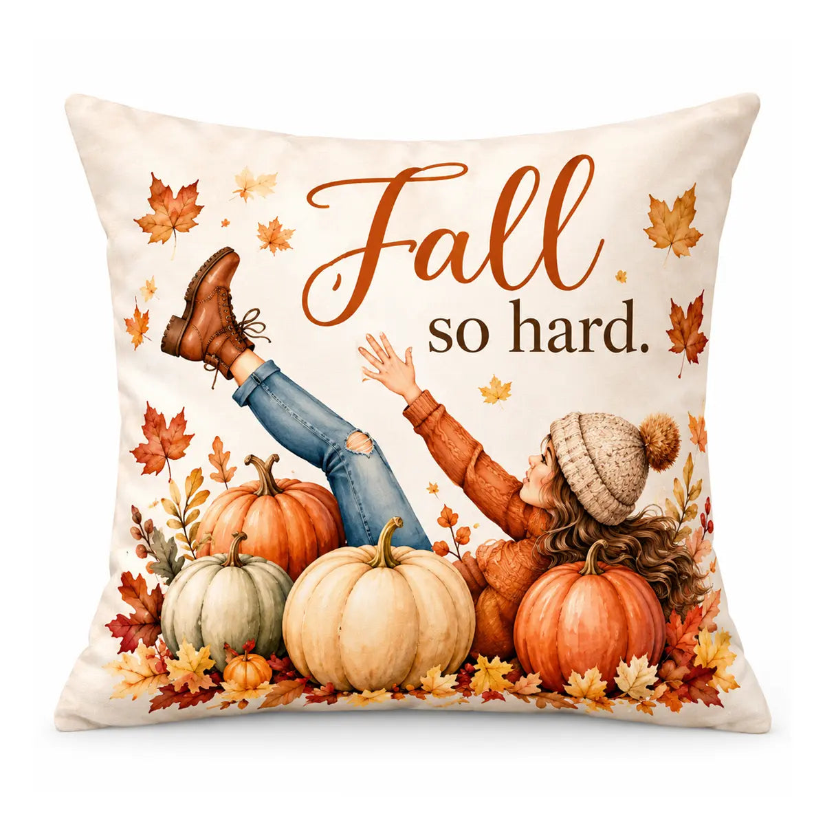 Add playful seasonal charm with our custom fall so hard watercolor pumpkin throw pillow. Features a girl lounging in a pumpkin patch with autumn leaves[cite: 15]. Free shipping!