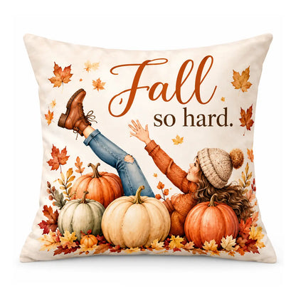 Add playful seasonal charm with our custom fall so hard watercolor pumpkin throw pillow. Features a girl lounging in a pumpkin patch with autumn leaves[cite: 15]. Free shipping!