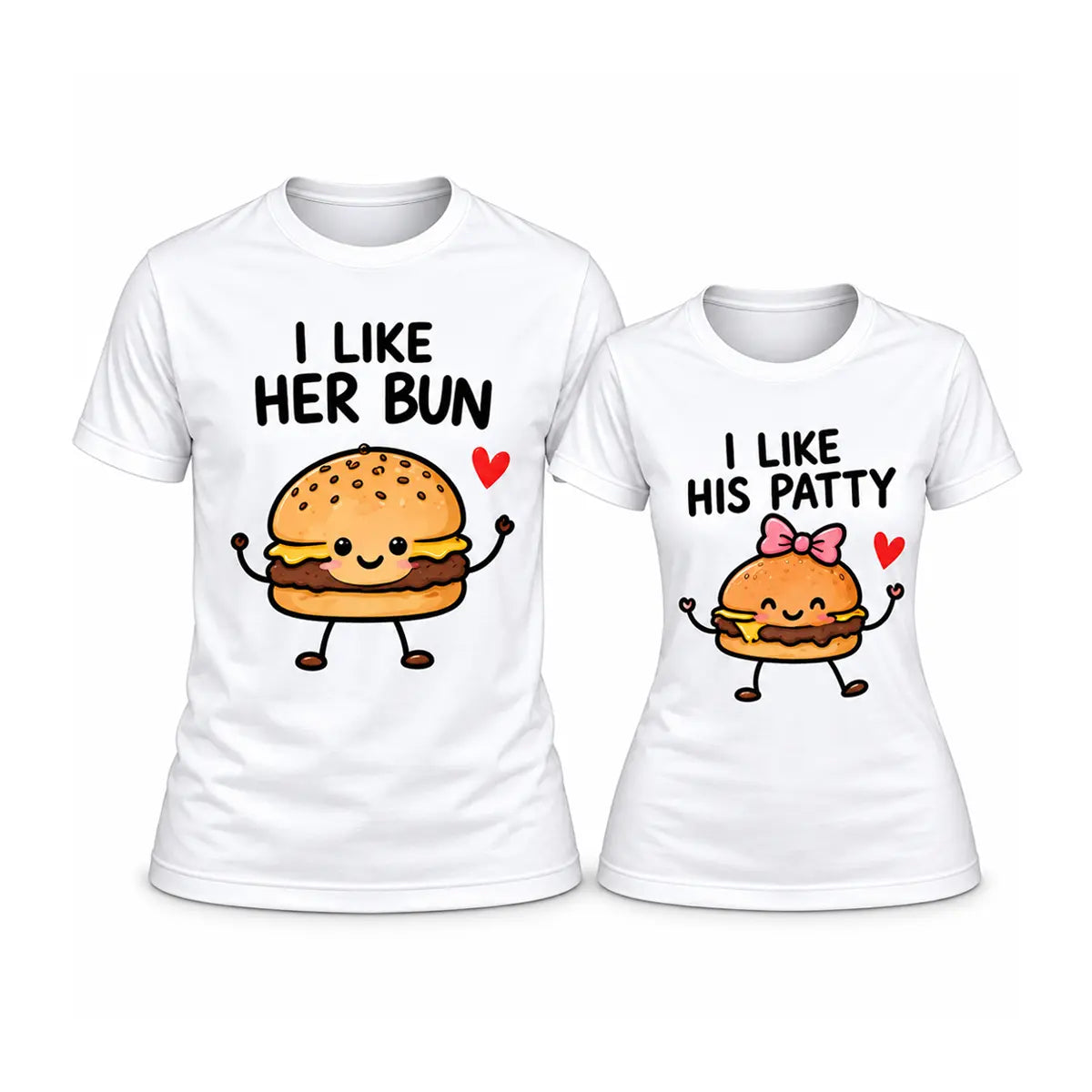 Share a laugh with our custom funny burger bun and patty couple shirts. Features a cute cartoon burger and patty with red hearts[cite: 14]. Free shipping!
