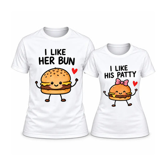 Share a laugh with our custom funny burger bun and patty couple shirts. Features a cute cartoon burger and patty with red hearts[cite: 14]. Free shipping!