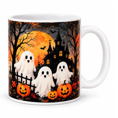 Personalized cute spooky season aesthetic drinkware featuring a custom watercolor Halloween ghost family, glowing pumpkins, and a haunted house on a white mug.
