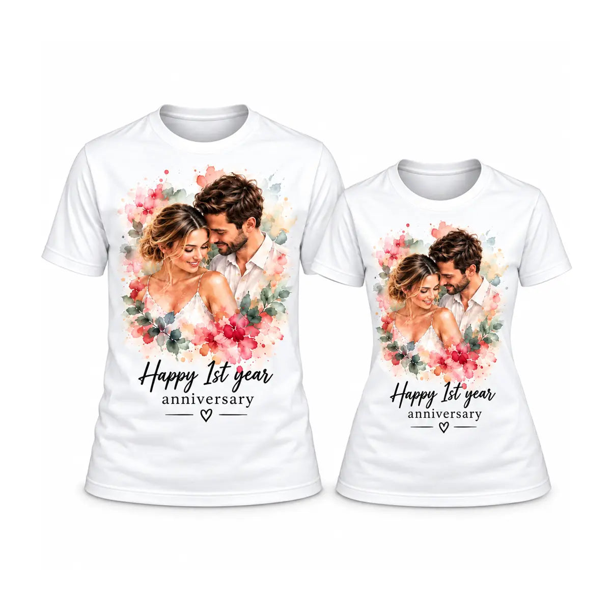 Celebrate your milestone with custom happy 1st year anniversary watercolor couple shirts. Features a romantic pastel floral portrait on soft white cotton t-shirt.