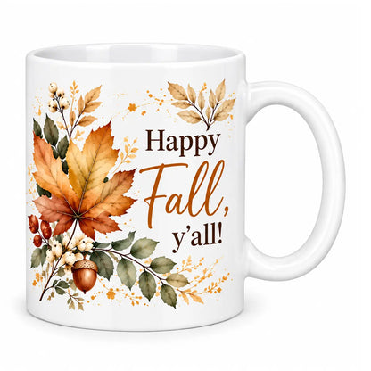 Sip your morning brew with our custom happy fall y'all watercolor coffee mug. Features autumn leaves, acorns, and script on white ceramic[cite: 14]. Free shipping!