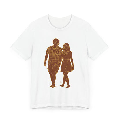 White cotton t-shirt featuring a custom minimalist sepia line art sketch of a couple walking.