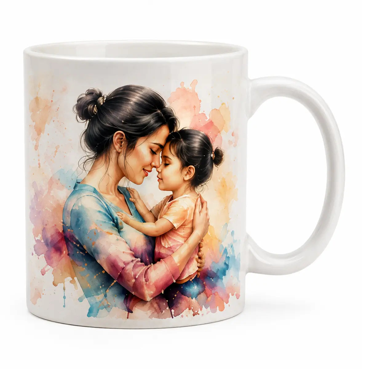 A glossy white ceramic coffee mug featuring a custom watercolor portrait of a mother and daughter hugging, accented with pastel splashes. Free shipping by Incotta.