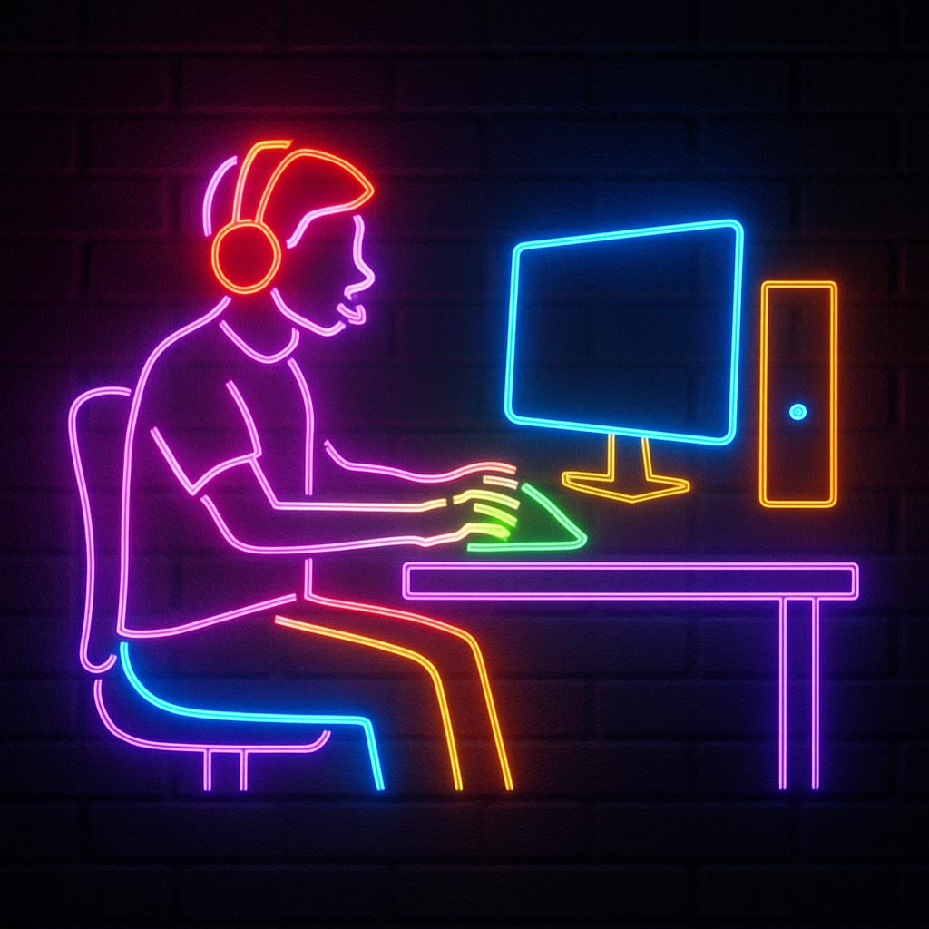 A colorful LED neon sign depicting a gamer wearing headphones sitting at a computer desk. The detailed outline uses pink, blue, and orange neon strips to highlight the player, monitor, and PC tower, making it an ideal backdrop for streamers, esports fans, and gaming setups.
