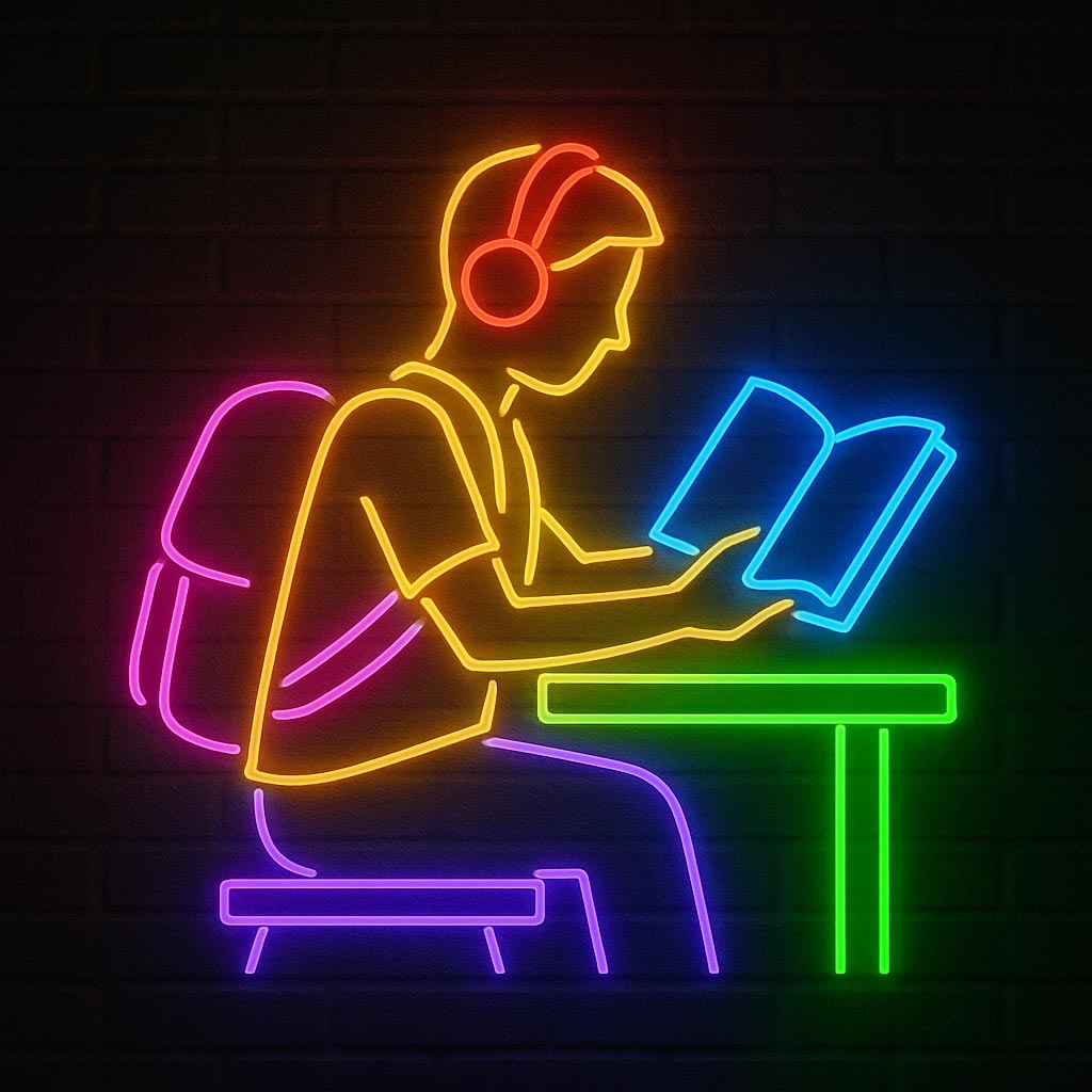 A vibrant LED neon sign depicting a student sitting at a desk, reading an open book while wearing headphones and a backpack. The illuminated design features multi-colored neon outlines in yellow, pink, blue, green, and purple set against a dark brick wall background, creating a perfect aesthetic for study rooms, libraries, or dorms.