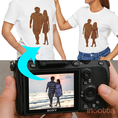 Black graphic t-shirt featuring neon line art of a couple walking together, romantic streetwear fashion for couples.