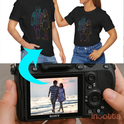 Custom photo to neon line art t-shirt transformation showing real couple beach photo converted into graphic outline tee design.