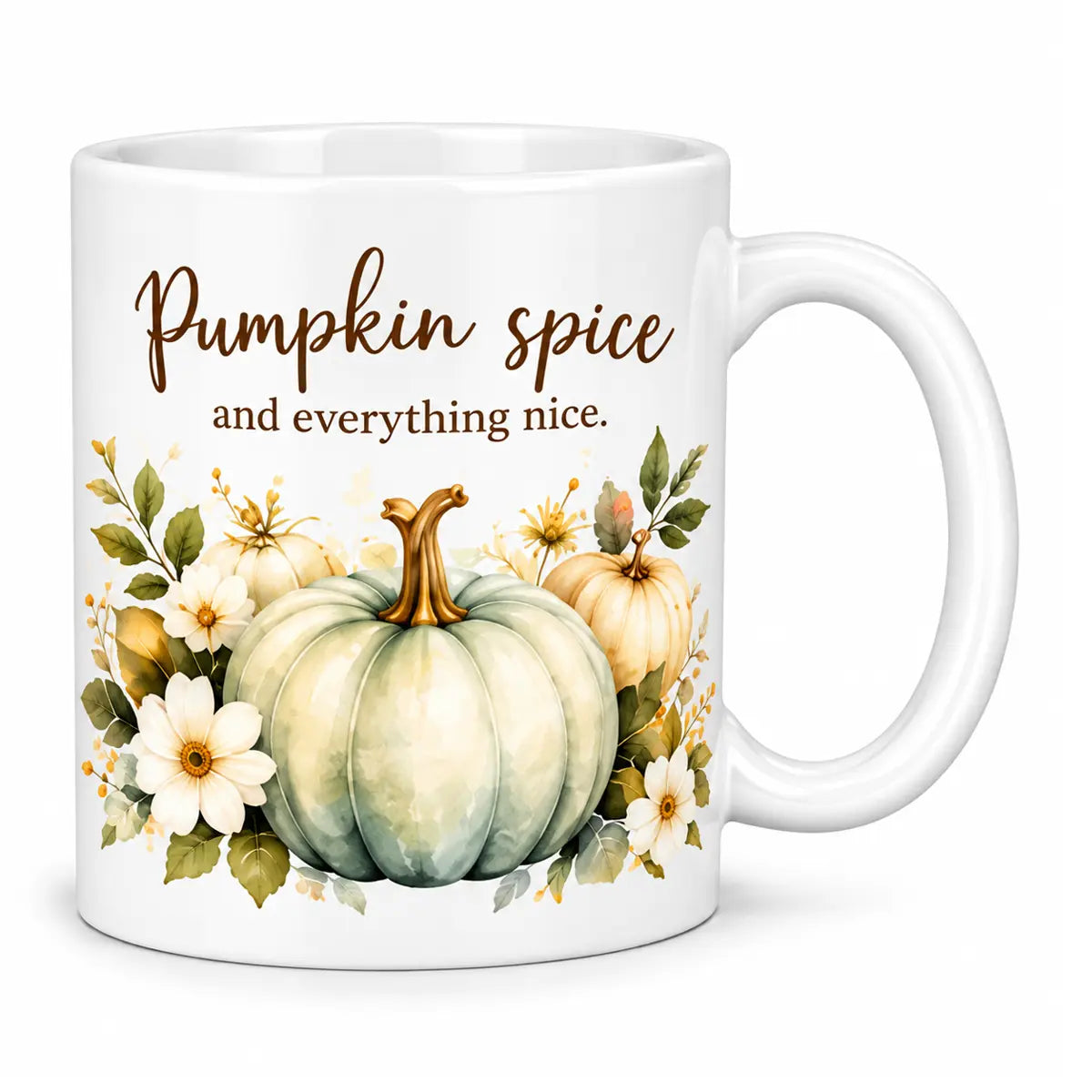 Sip in seasonal style with our custom pumpkin spice and everything nice coffee mug. Features sage green watercolor pumpkins on white ceramic[cite: 17]. Free shipping!