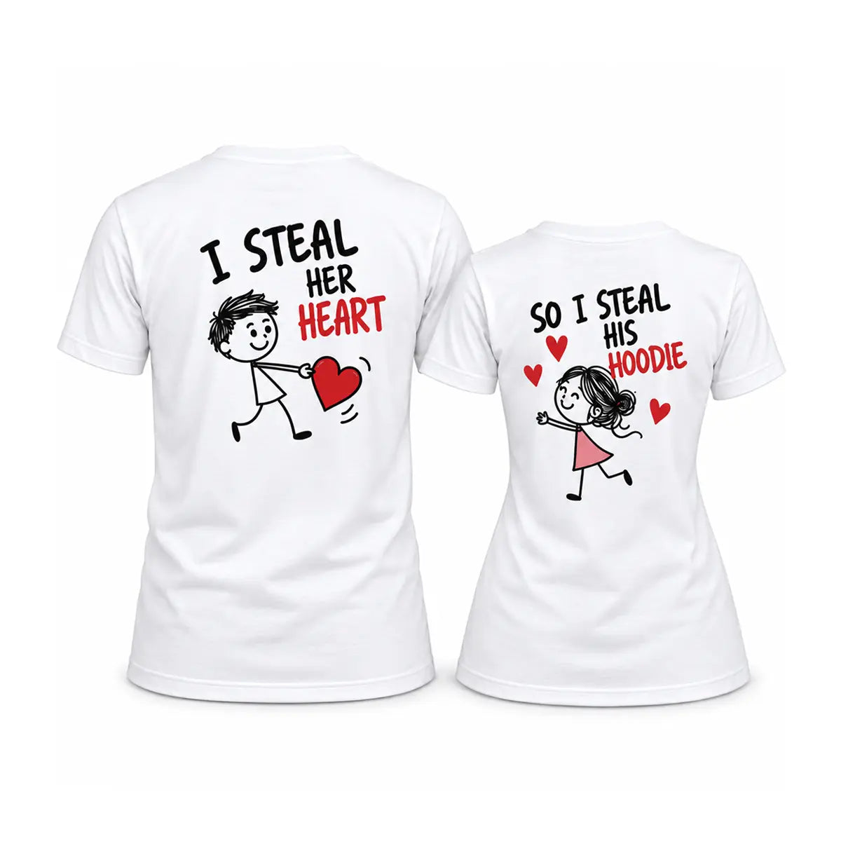 Celebrate your bond with custom steal her heart steal his hoodie couple shirts. Features cute stick figure doodles on soft white cotton tees. Free shipping!