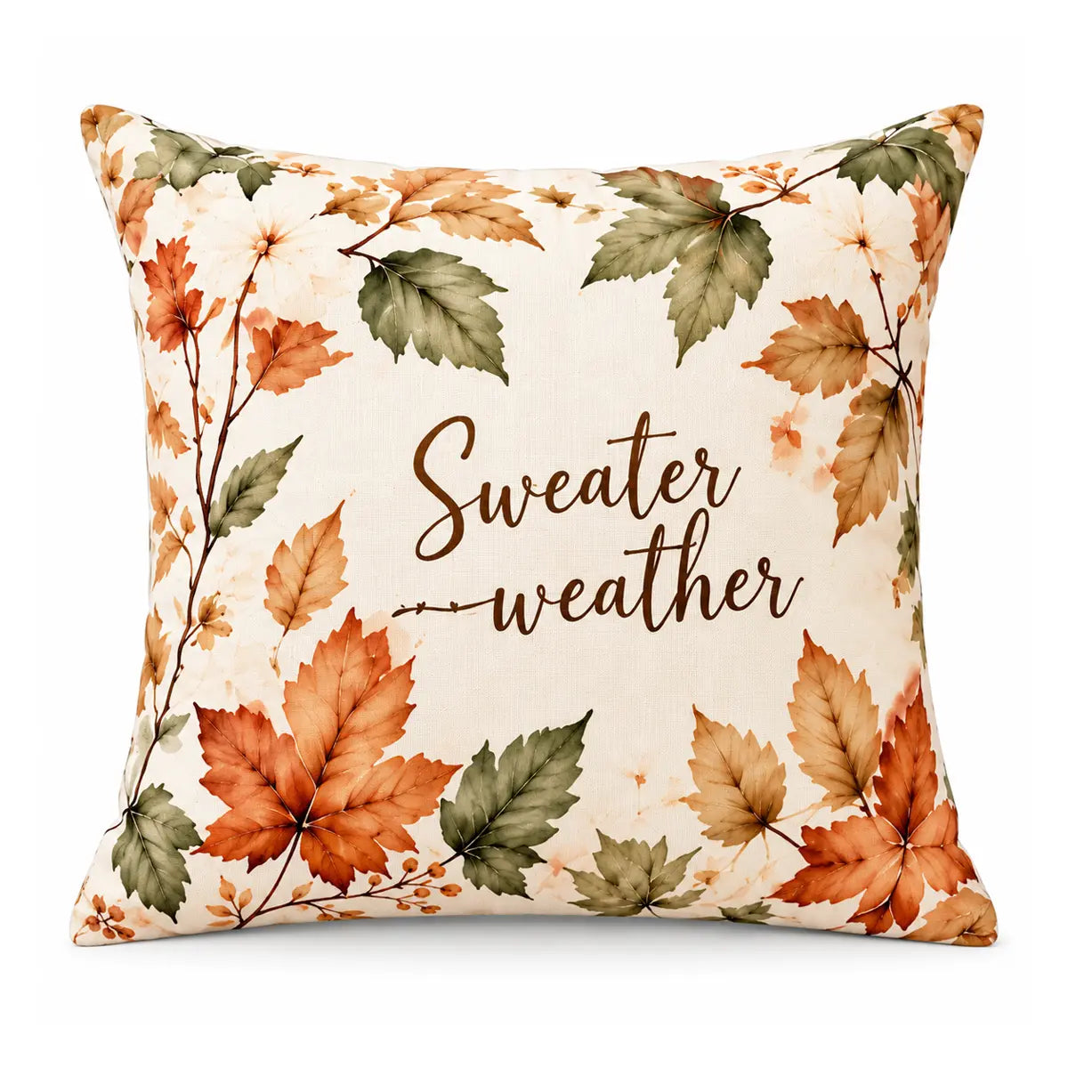 Transform your living room with our custom sweater weather watercolor fall throw pillow. Features warm autumn leaves and a premium linen feel[cite: 13]. Free shipping!