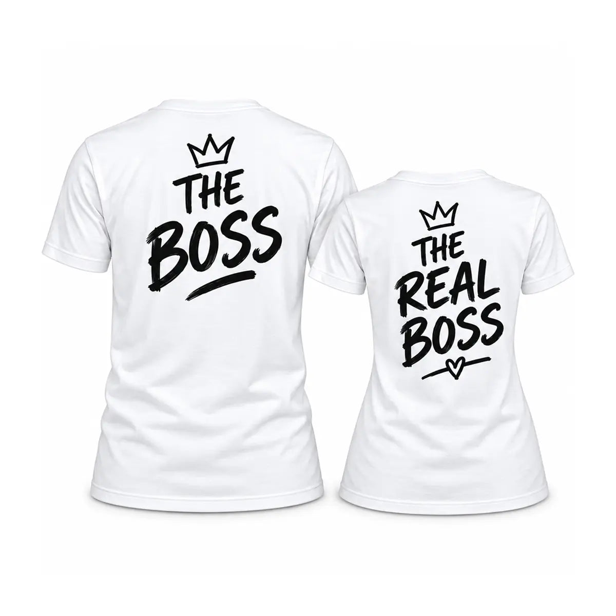 Share a laugh with our custom the boss the real boss couple shirts. Featuring bold black brush typography and crown icons on soft white cotton. Free shipping!