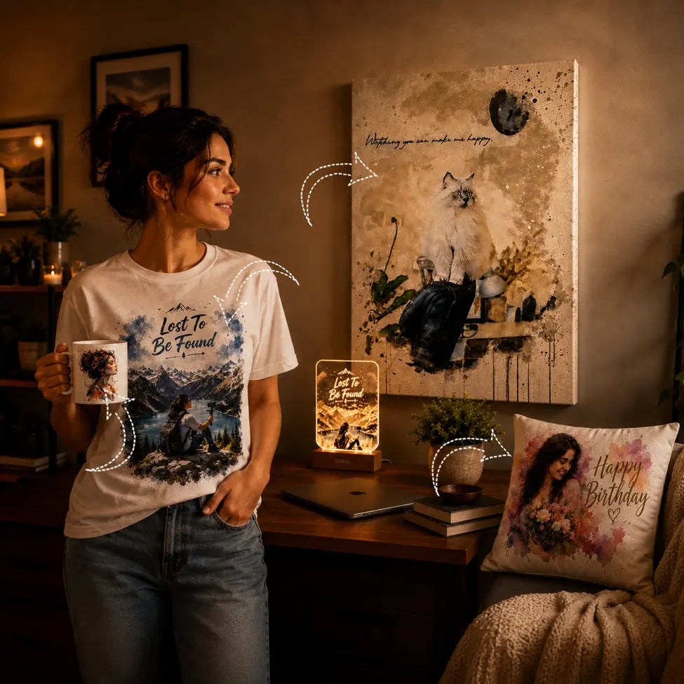 A woman stands in a warmly lit room; she is wearing a white graphic T-shirt featuring an image of a mountain expedition and the words "Lost To Be Found," and is holding a custom designed coffee mug. A custom canvas wall art depicting a white cat hangs on the wall above her, and a decorative cushion placed on a chair bears the inscription "Happy Birthday."