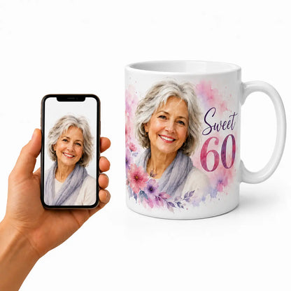 A custom watercolor portrait mug celebrating a 60th birthday, featuring a smiling older woman with grey hair surrounded by floral accents and "Sweet 60" text, displayed next to a hand holding a smartphone with the reference photo. Free shipping by Incotta.