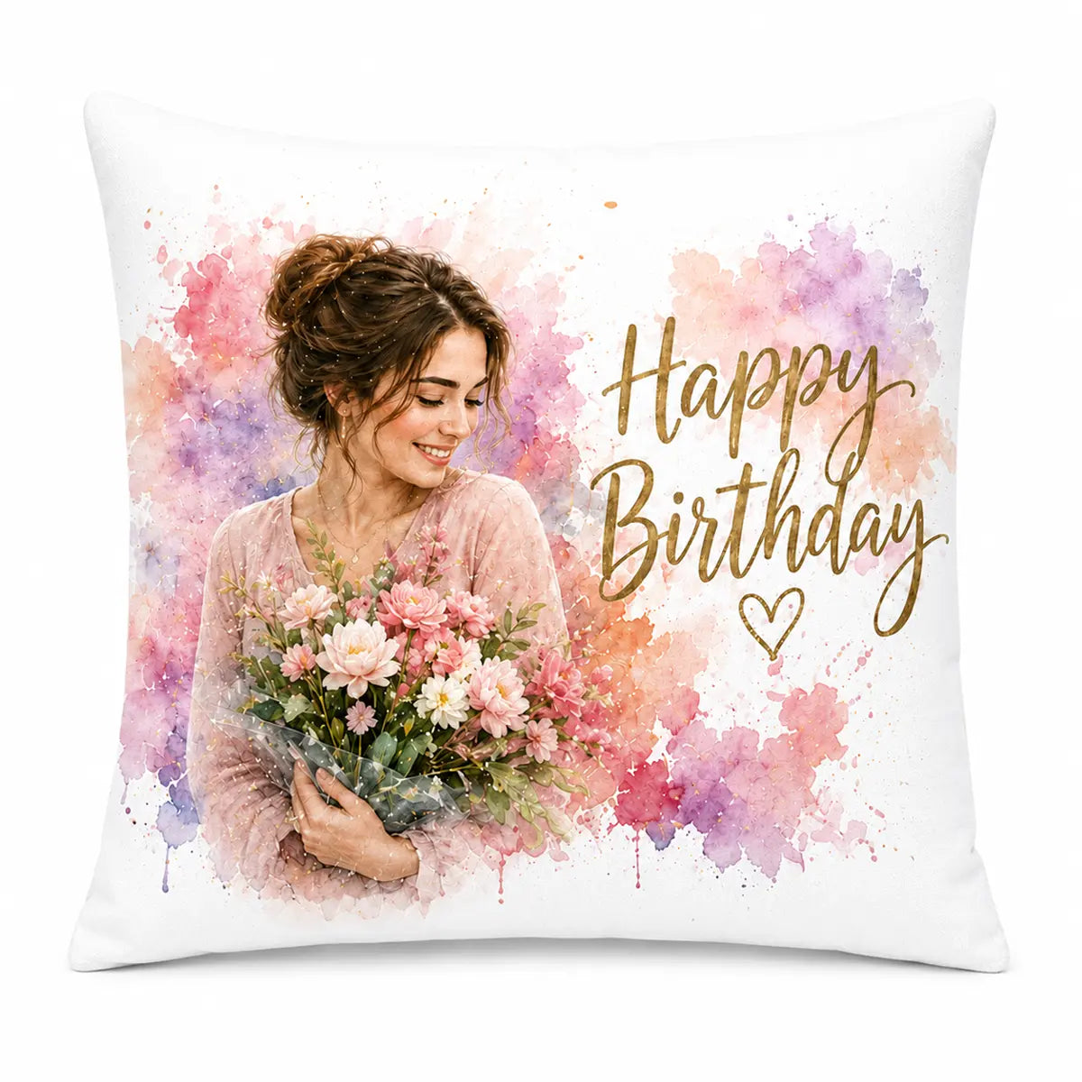 Personalized female birthday picture to watercolor pillow art featuring a smiling woman holding a floral bouquet, beautifully surrounded by pink and purple watercolor splashes and elegant Happy Birthday text.