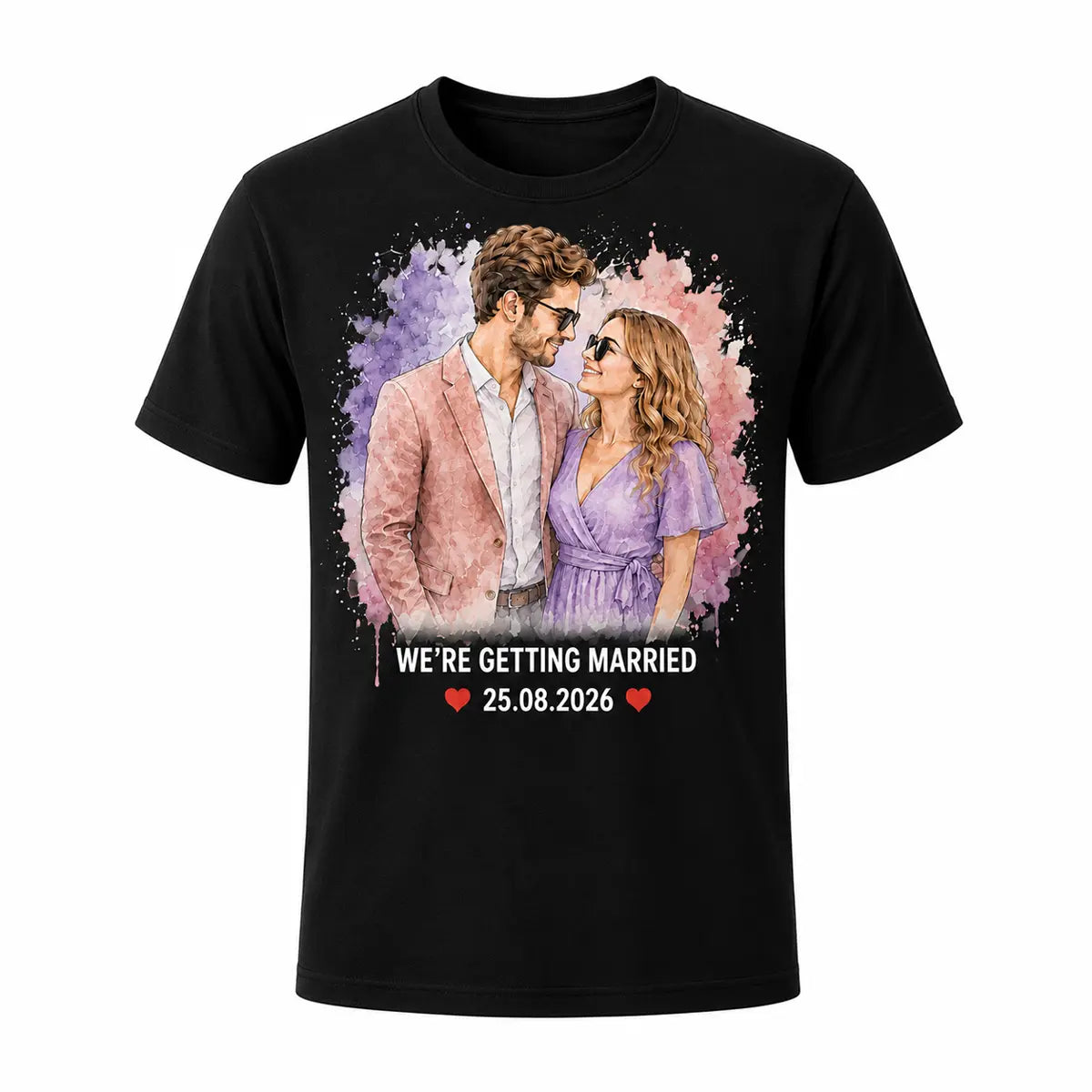 A light black unisex t-shirt featuring a custom pastel watercolor portrait of an engaged couple in sunglasses, with We're Getting Married text and a wedding date. Free shipping by Incotta.
