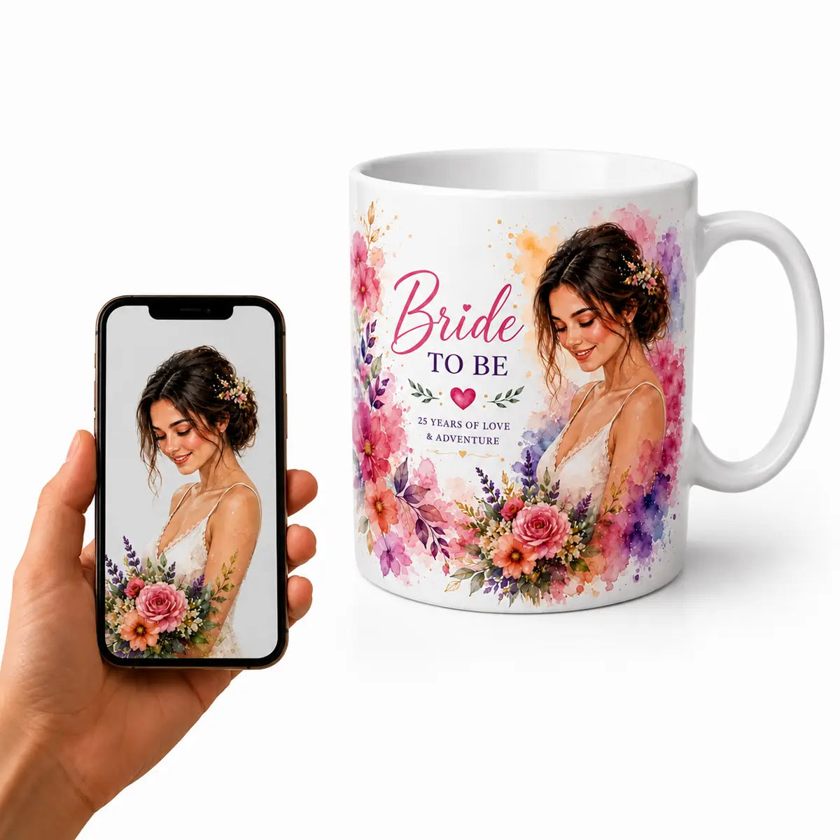 A custom watercolor portrait mug for a bride-to-be featuring a smiling woman surrounded by colorful flowers, displayed next to a hand holding a smartphone with the original reference photo. Free shipping by Incotta.