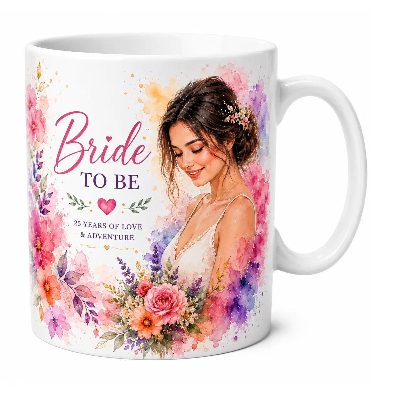 Bespoke watercolor bride-to-be mug featuring a custom art illustration of a bride holding a colorful floral bouquet.