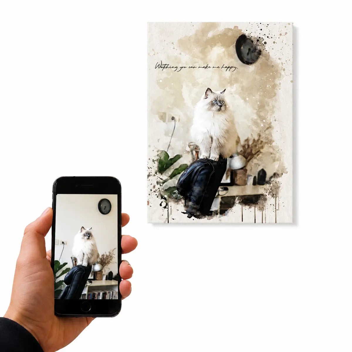 A customer holding a smartphone displaying a fluffy cat next to the resulting custom watercolor cat portrait canvas.