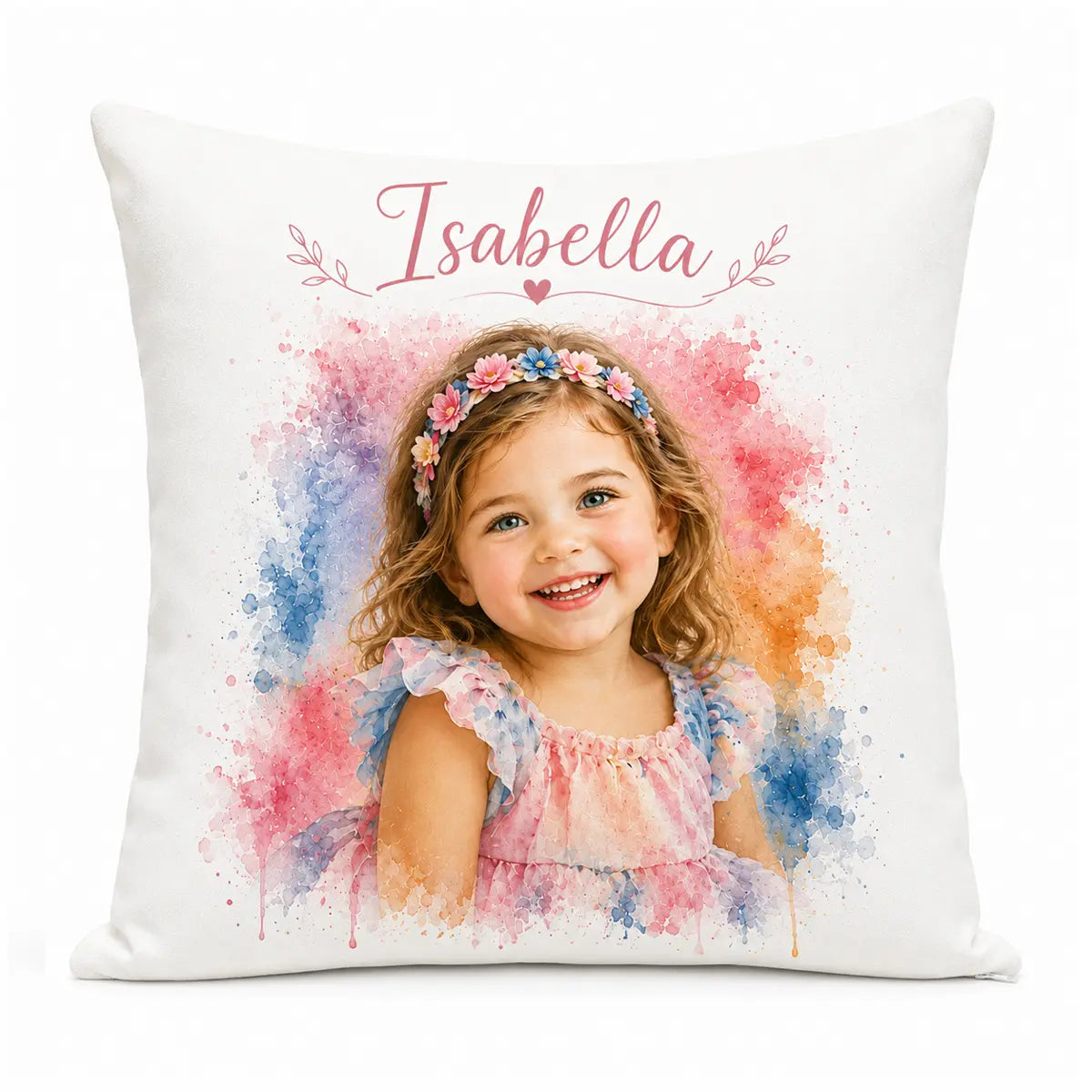 Personalized girl picture to watercolor pillow cover art featuring a smiling child named Isabella, surrounded by bright pastel watercolor splashes and a floral headband.