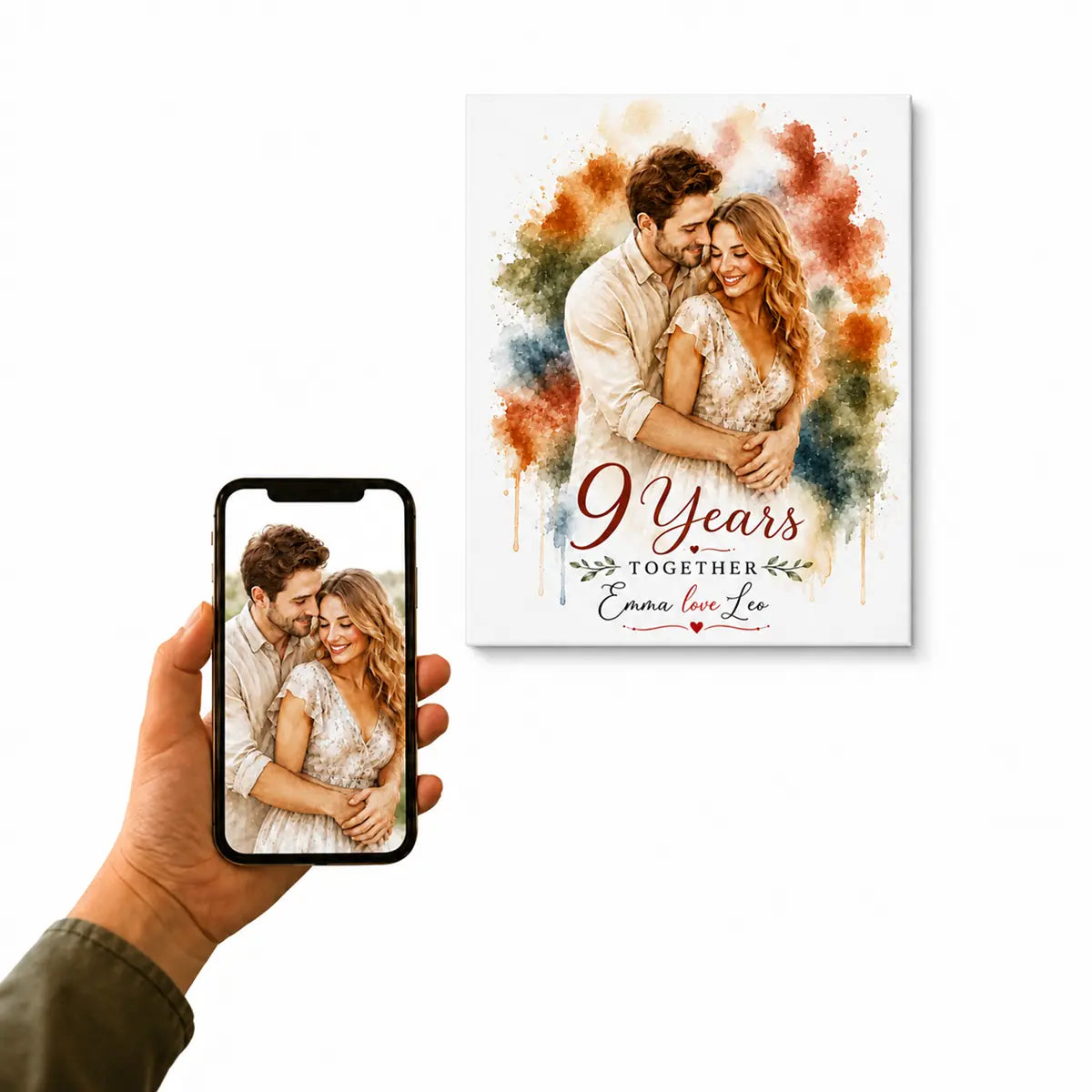 A vibrant custom watercolor couple portrait from a photo canvas featuring a hugging couple, warm watercolor splashes, and personalized anniversary text. Free shipping by Incotta.