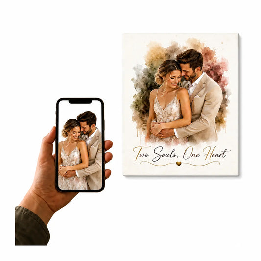 A custom watercolor couple portrait from photo canvas featuring a smiling couple embracing, complete with romantic text reading Two Souls, One Heart. Free shipping by Incotta.