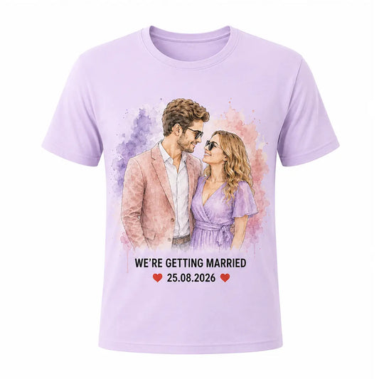 A light purple unisex t-shirt featuring a custom pastel watercolor portrait of an engaged couple in sunglasses, with We're Getting Married text and a wedding date. Free shipping by Incotta.