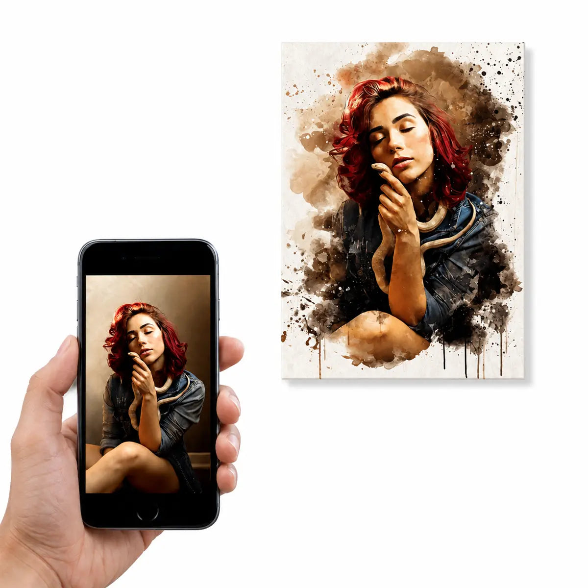 A customer holding a smartphone displaying a woman and her pet snake next to the resulting custom watercolor exotic pet portrait canvas. Free shipping by Incotta.