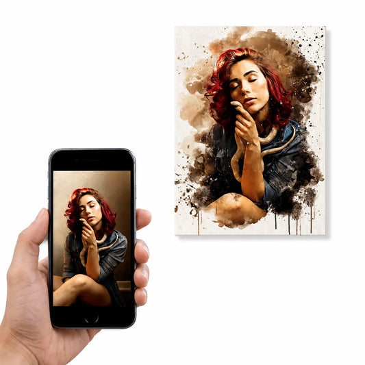 A customer holding a smartphone displaying a woman and her pet snake next to the resulting custom watercolor exotic pet portrait canvas. Free shipping by Incotta.