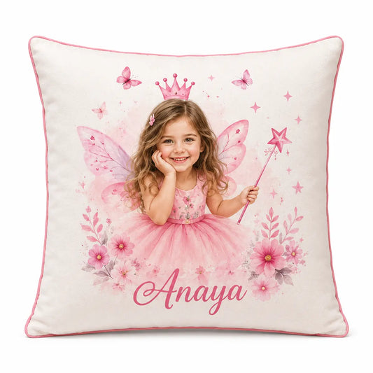 A customized square throw pillow cover featuring a beautiful watercolor fairy princess portrait of a little girl with pink wings, a crown, floral accents, and the personalized name Anaya. Free shipping by Incotta.