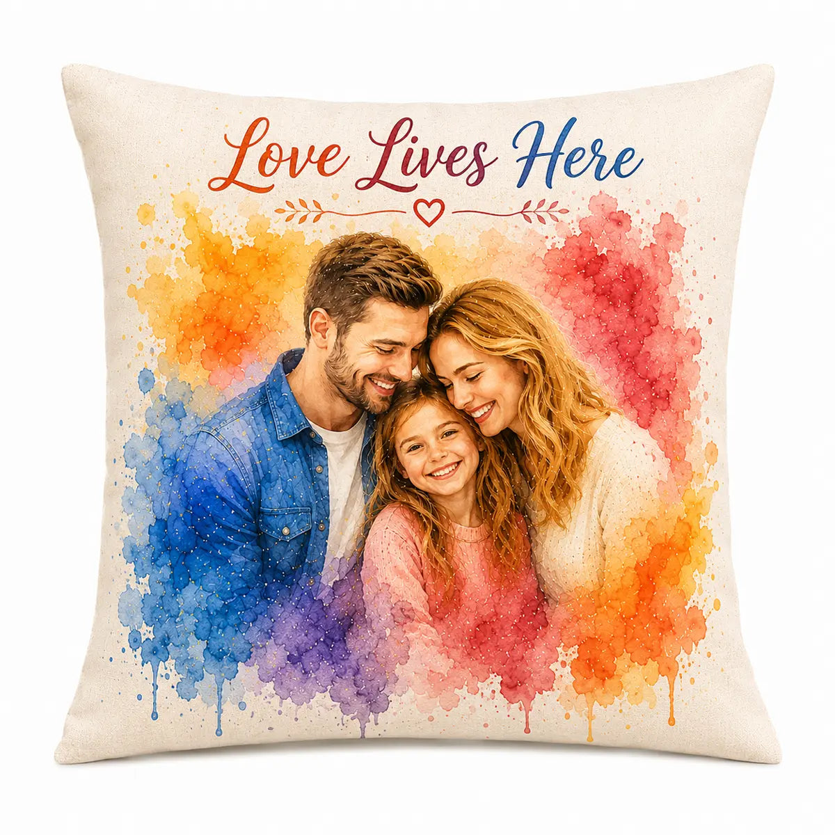 A vibrant custom watercolor family portrait throw pillow featuring a smiling father, mother, and daughter surrounded by rainbow splashes and Love Lives Here text. Free shipping by Incotta.
