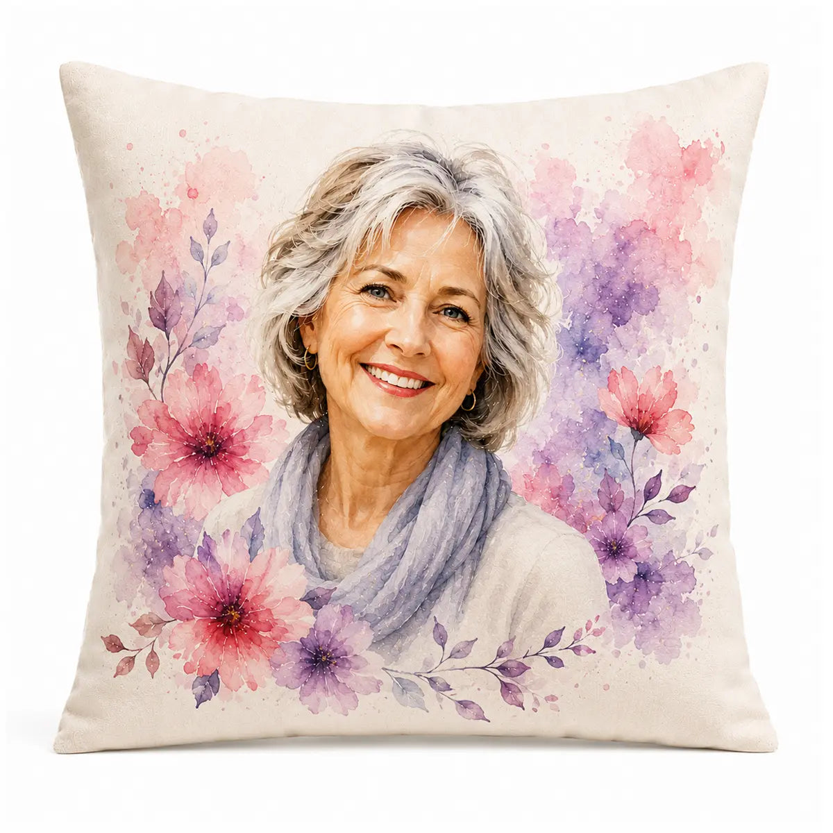 Personalized grandma picture to watercolor pillow cover art featuring a smiling older woman gracefully surrounded by soft pink and purple floral botanical splashes. Machine-washable. Free shipping!