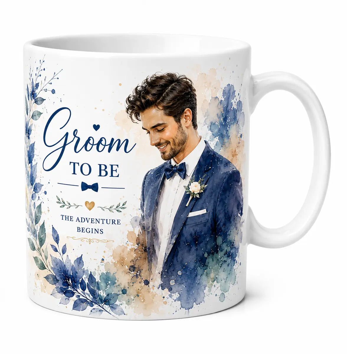 A glossy white ceramic coffee mug featuring a custom watercolor portrait of a smiling groom in a blue suit, surrounded by elegant blue botanical accents and Groom to Be text. Free shipping by Incotta.