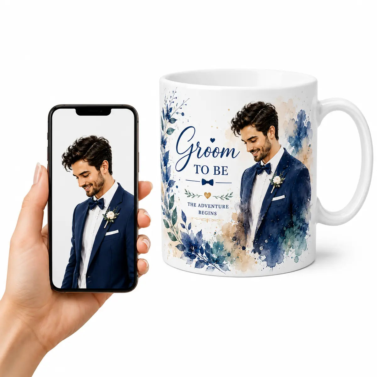 A custom watercolor portrait mug for a groom-to-be, featuring a smiling man in a blue suit and "Groom To Be" text, displayed next to a hand holding a smartphone with the original reference photo. Free shipping by Incotta.