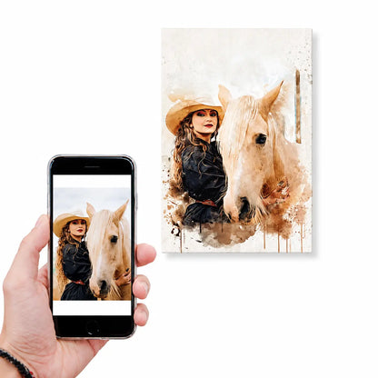 A customer holding a smartphone displaying a cowgirl and horse photo next to the resulting custom watercolor horse portrait canvas. Free shipping by Incotta.