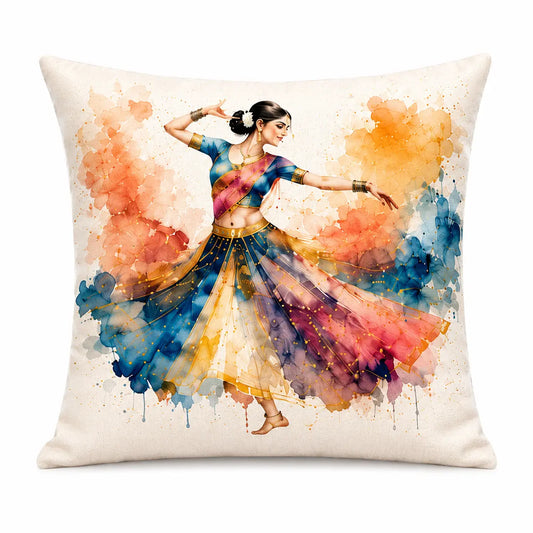 A custom watercolor Indian dancer throw pillow cover featuring a personalized classical dance portrait with fluid colorful splashes and a linen texture. Free shipping by Incotta.