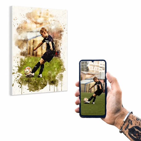 A customer holding a smartphone displaying a youth soccer player action shot next to the resulting custom watercolor kids sports portrait canvas. Free shipping by Incotta.