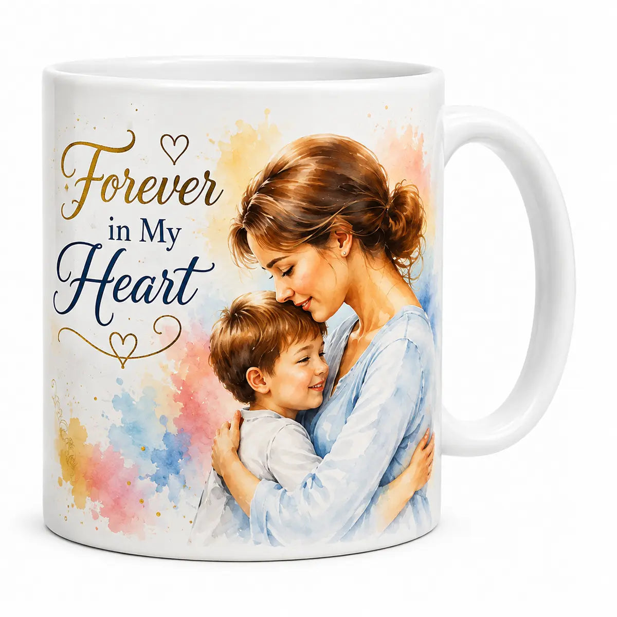 A personalized glossy white ceramic mug featuring a custom watercolor portrait of a mother hugging her smiling son, with the text Forever in My Heart. Free shipping by Incotta.