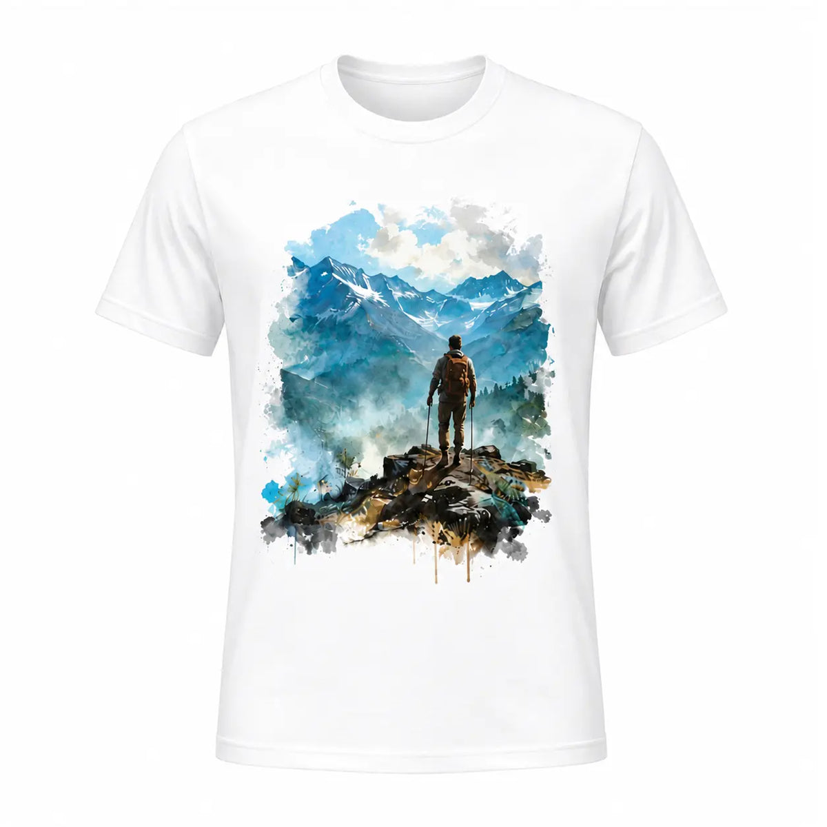 Bespoke watercolor t-shirt featuring a custom art landscape illustration of a mountain hiker standing on a rocky peak.