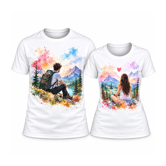 Prepare for your next adventure with custom watercolor mountain hiking couple shirts. Features a colorful mountain scenery, a hiker, and a red heart. Free shipping!