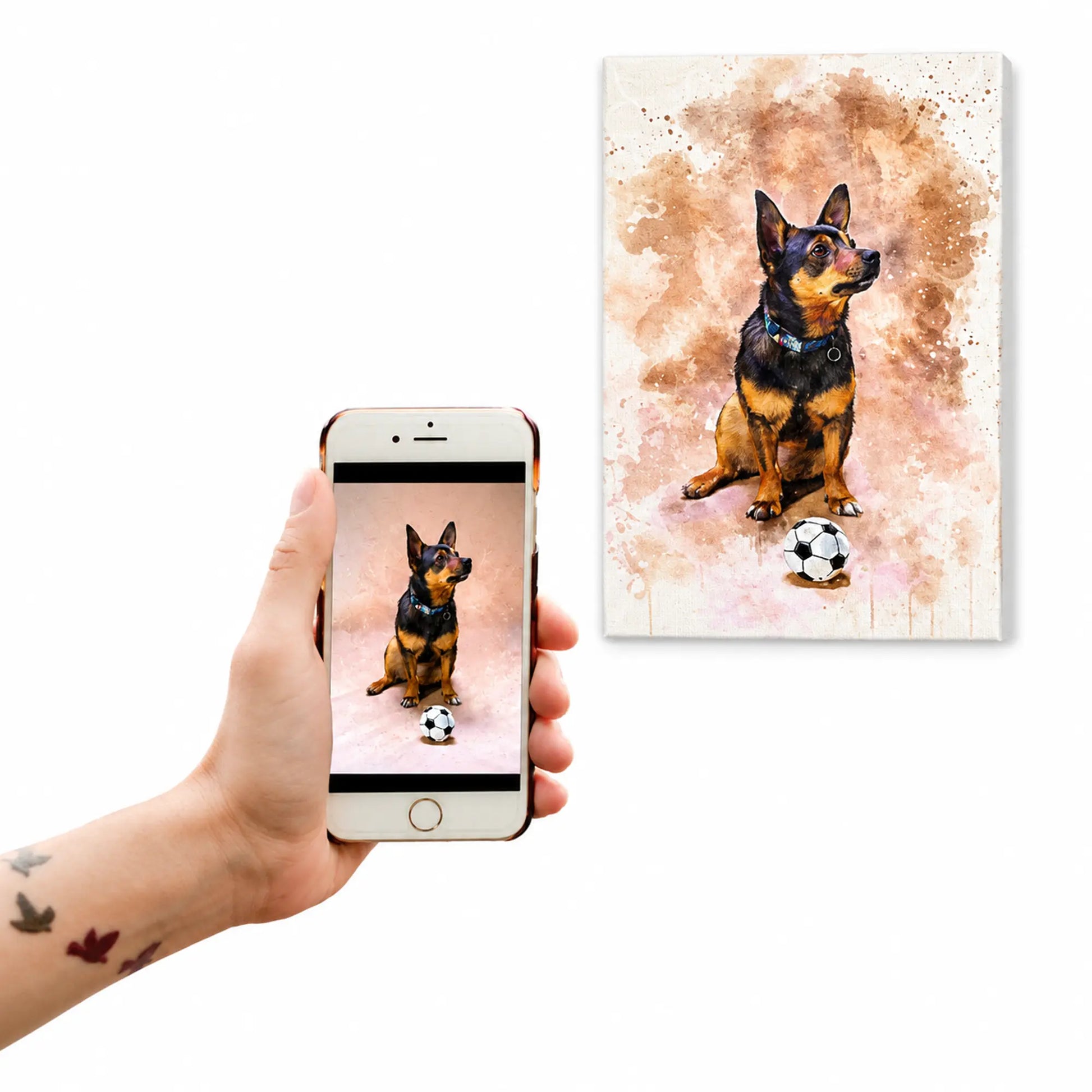 A customer holding a smartphone displaying a dog photo next to the resulting custom watercolor pet portrait canvas. Free shipping by Incotta.